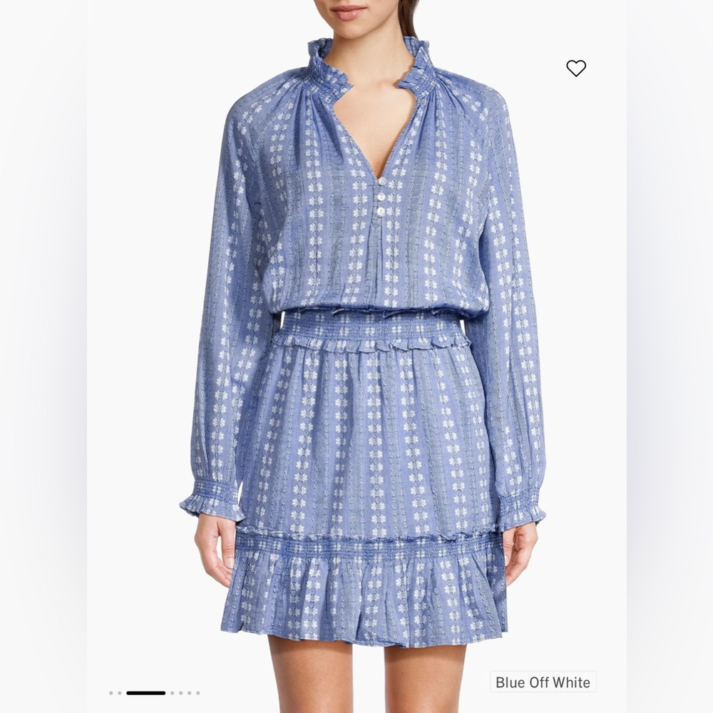 Veronica Beard Blue Espie Shirred Smocked Ruffle Cotton-Jacquard Mini Dress M~L
